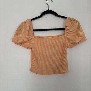 $42 Peach Ribbed Puff Sleeve Square Neck Crop Top Size S/M